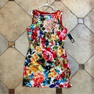 Leslie Fay Multicolor Floral Sheath Dress - Red, Yellow, Blue, Green